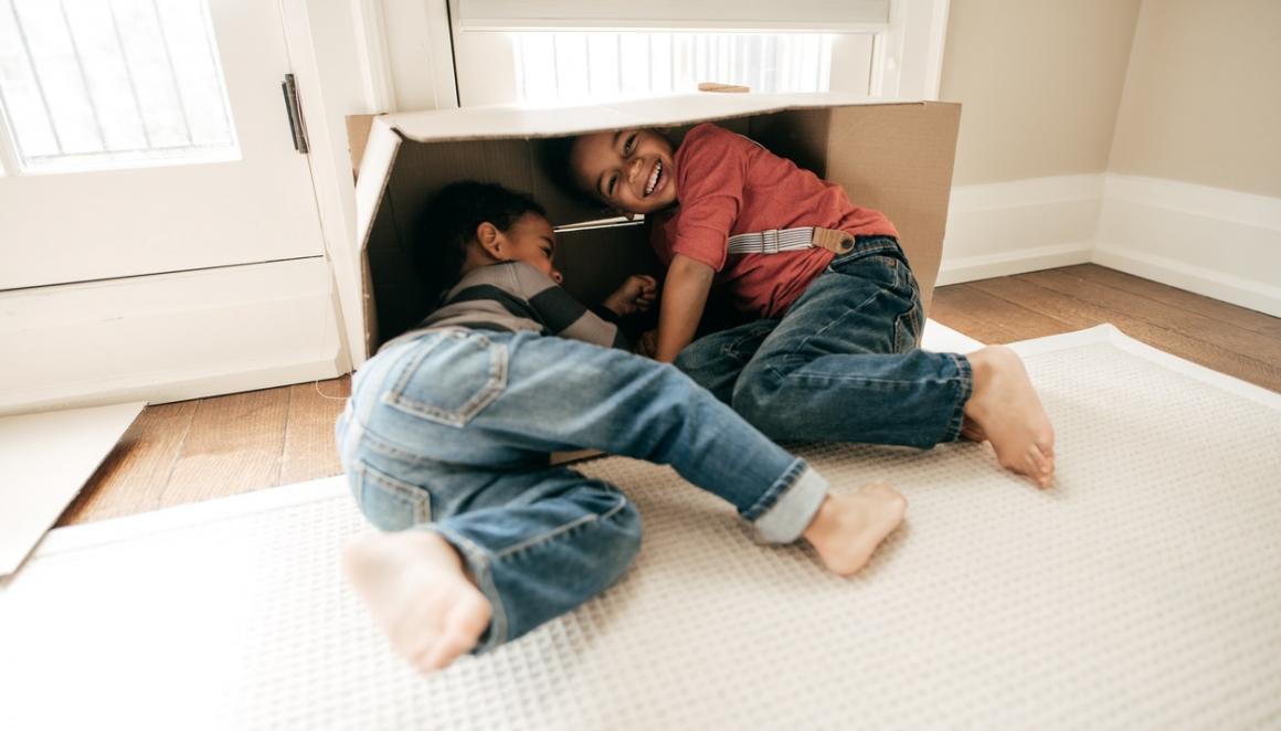 boys playing with large cardboard box during a quick break from remote learning at home