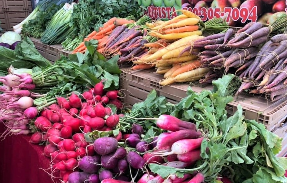 Colorful produce from Bautista Farms selling at the Burien Farmers Market fun family outing try new foods eat the rainbow