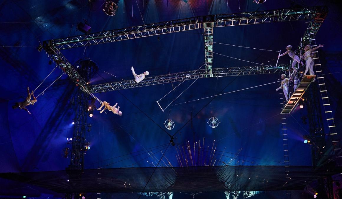 Flying trapeze artists in action at Cirque du Soleil’s Alegría currently showing in Redmond, Washington, near Seattle