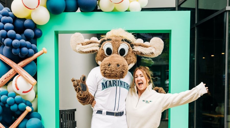 The Mariners Moose attends an Earth Day event at the Kirkland Urban and poses for photo ops.