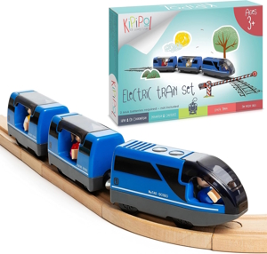 Blue train on a wooden track gift idea for kids for Christmas