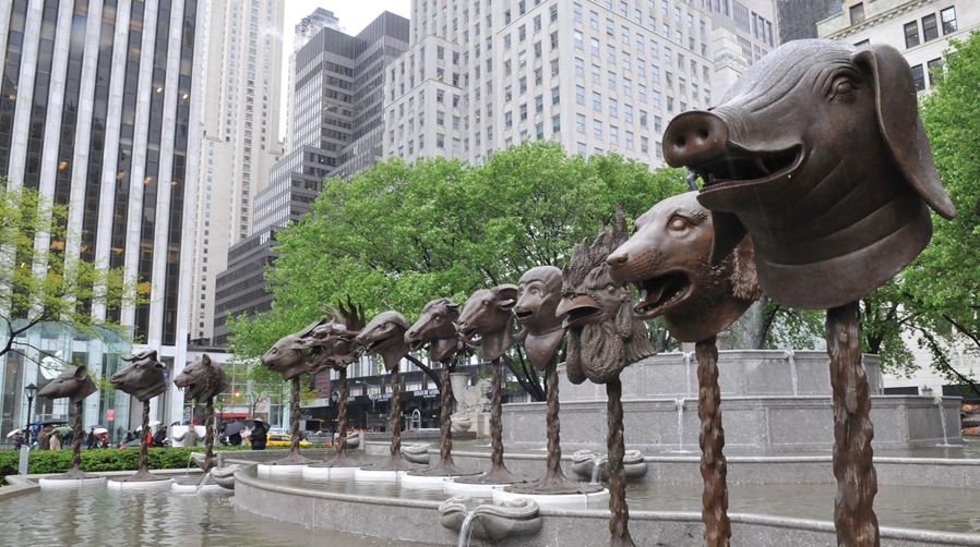 Ten-feet-tall bronze sculptures representing the Chinese Zodiac are on display.