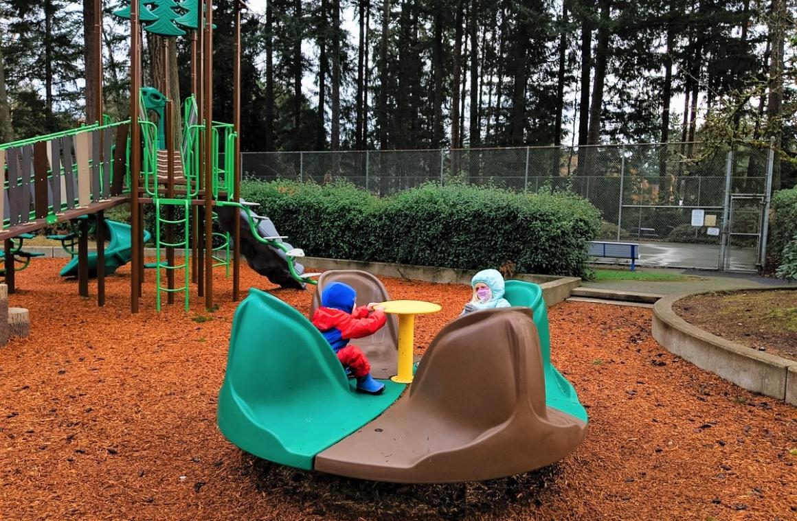 Modern merry-go-round play element at new Heron Park in Mill Creek with a center cooperative steering spinner