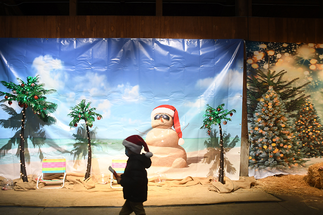 Beach snowman photo op at Holiday Magic at the Fair