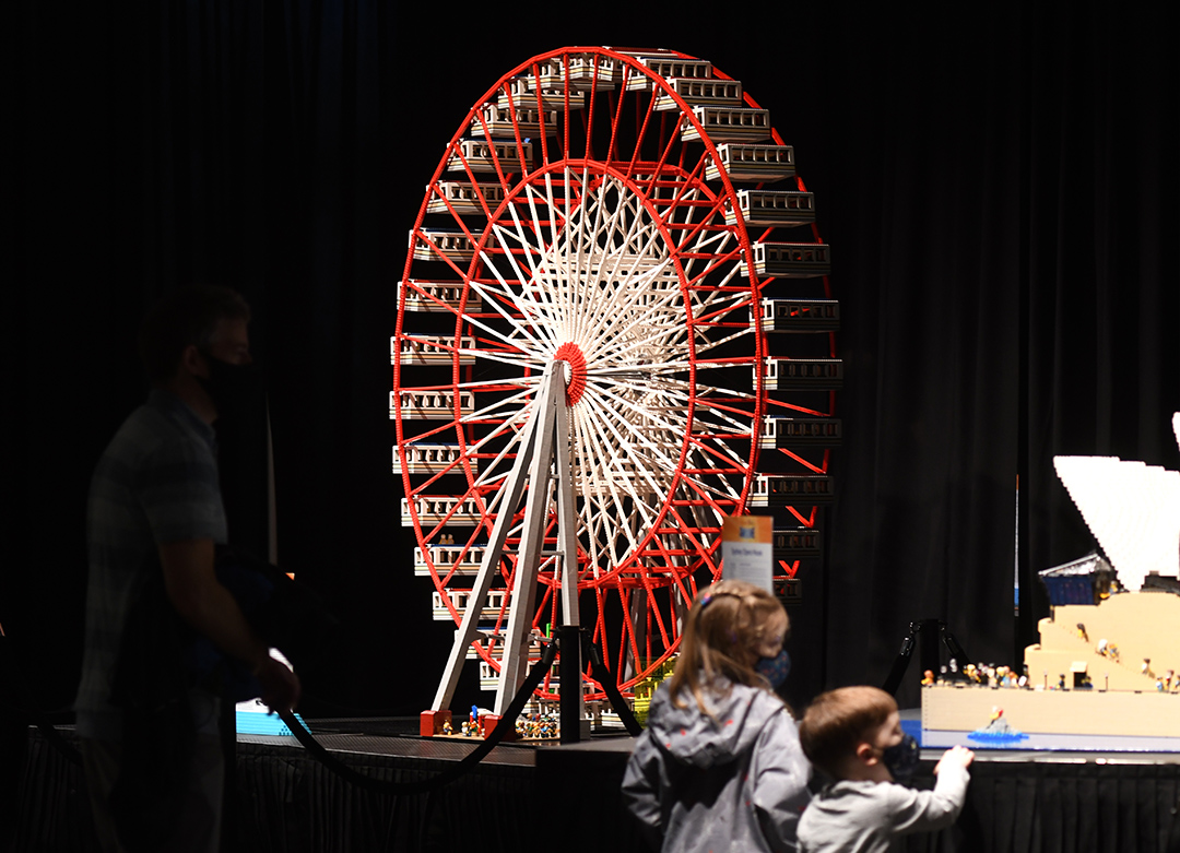 giant lego ferris wheel on display at Awesome Exhibition The Interactive Exhibition of Lego Models at Seattle Center Fisher Pavilion