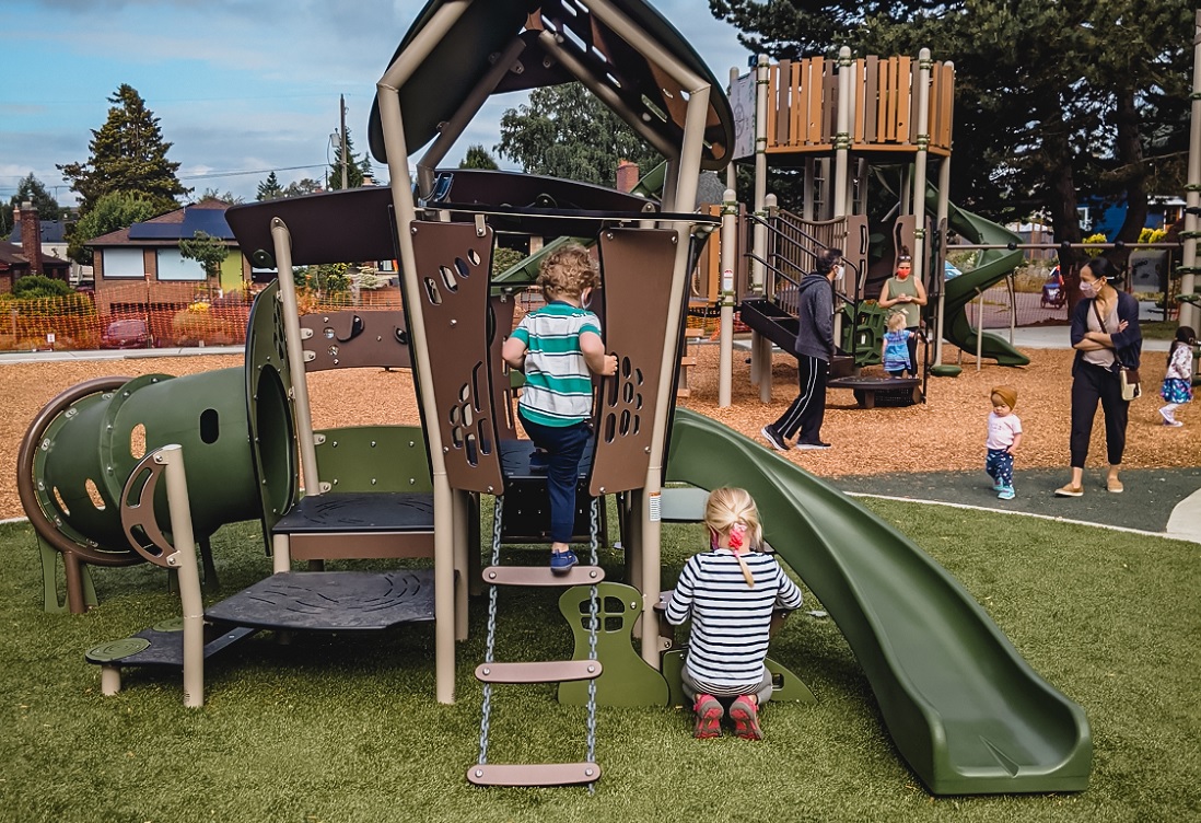 The tot structure at new Loyal Heights Playfield playground opened June 2021