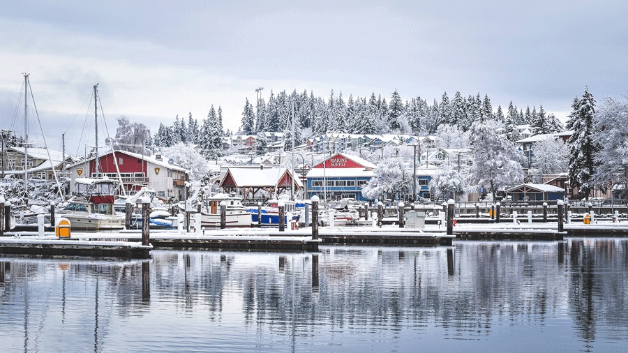 waterfront view of Poulsbo in winter