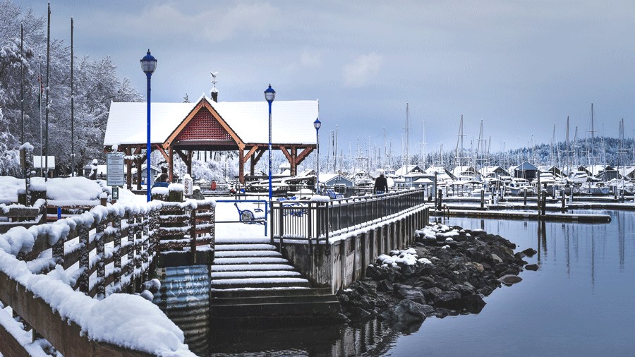 Muriel Iverson Williams Waterfront Park covered in Snow with boats in the background