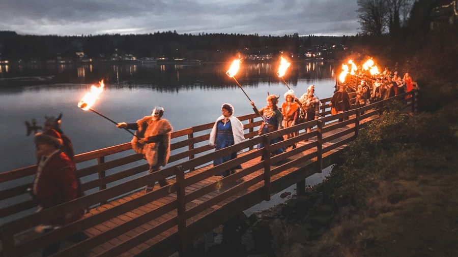 Vikings crossing the bridge during Julefest in Poulsbo