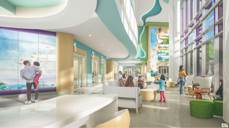 Rendering of a bright lobby inside the new Mary Bridge Children’s Hospital