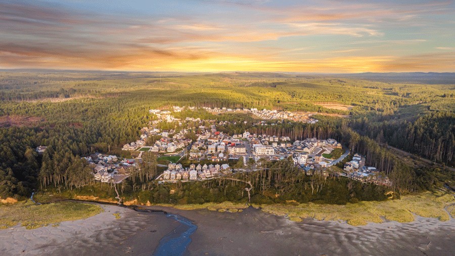 aerial view of Seabrook Washington at sunset