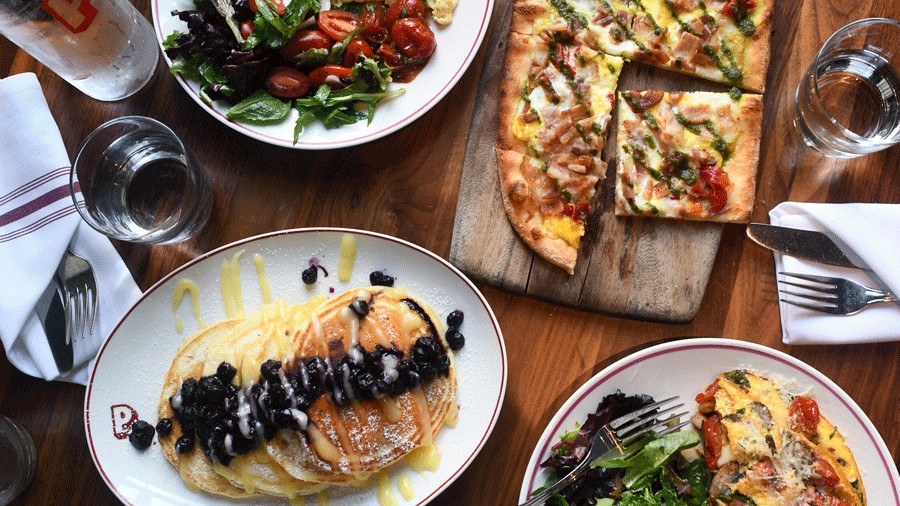 brunch menu items from Piatti in University Village, a family-friendly brunch spot with pancakes and pizza