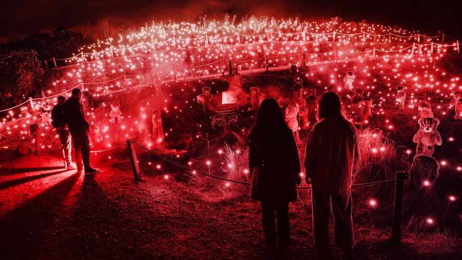 forest of shadows illuminated field and haunted trail with red lights, a new Seattle haunted experience