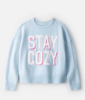 blue sweater that says "stay cozy"