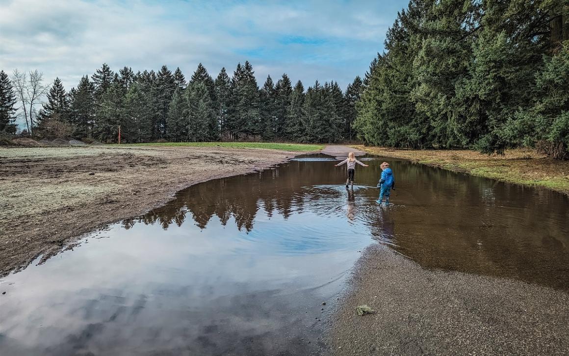 Playing in a giant puddle at updated Swan Creek Park section called Lister Uplands