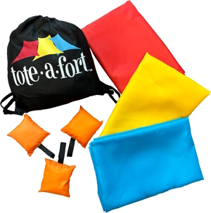 Red, yellow and blue blankets are part of this fort building kit that is a good gift for Christmas