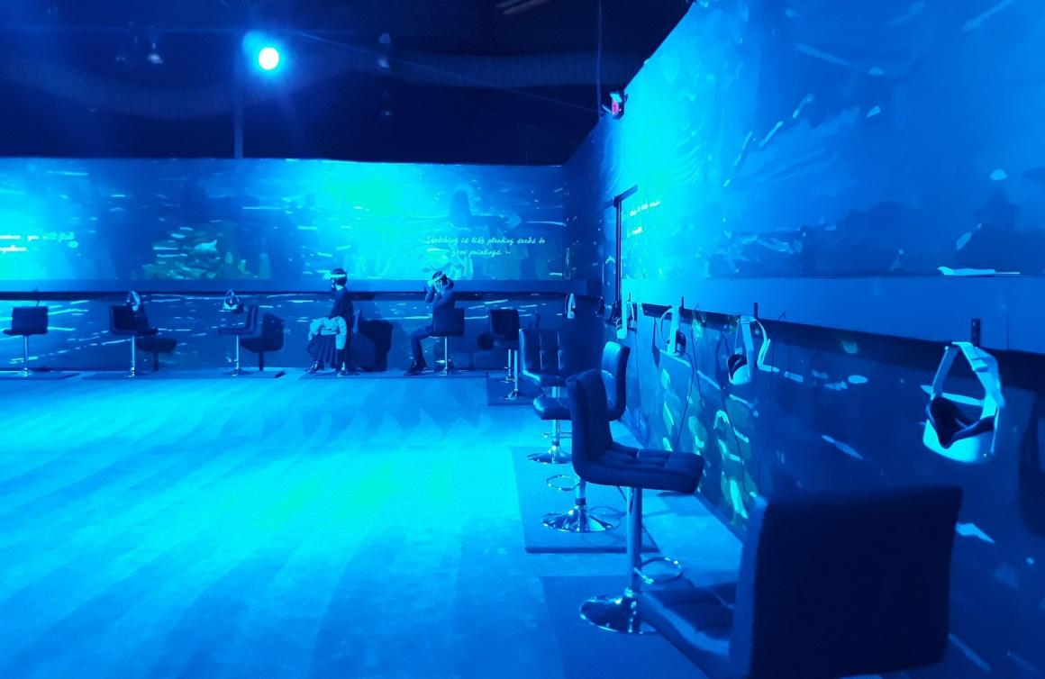 View of a large darkened room where guests at Van Gogh The Immersive Experience can add on a VR experience of a day in the life of the painter in Arles