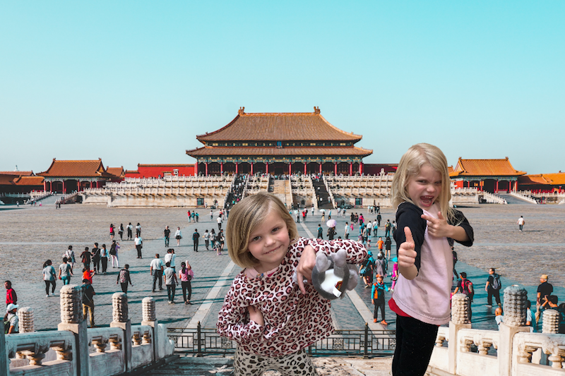 Two girls in photoshopped image in front of Beijing's Forbidden City tourism board activity virtual travel 