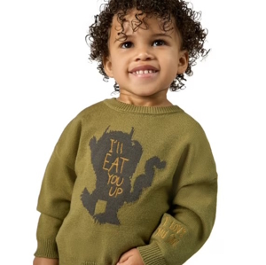 child wearing a sweater with an image from the book "Where the Wild things are"