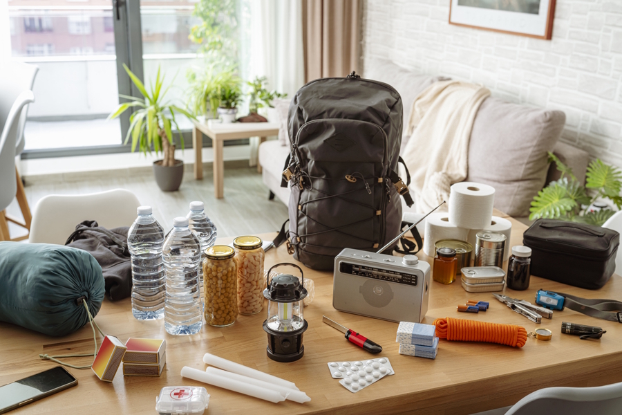 backpack and lots of emergency items
