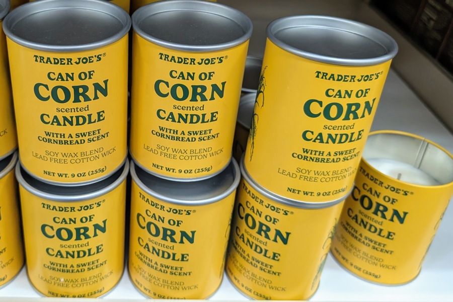Can of corn scented candle at Trader Joe's