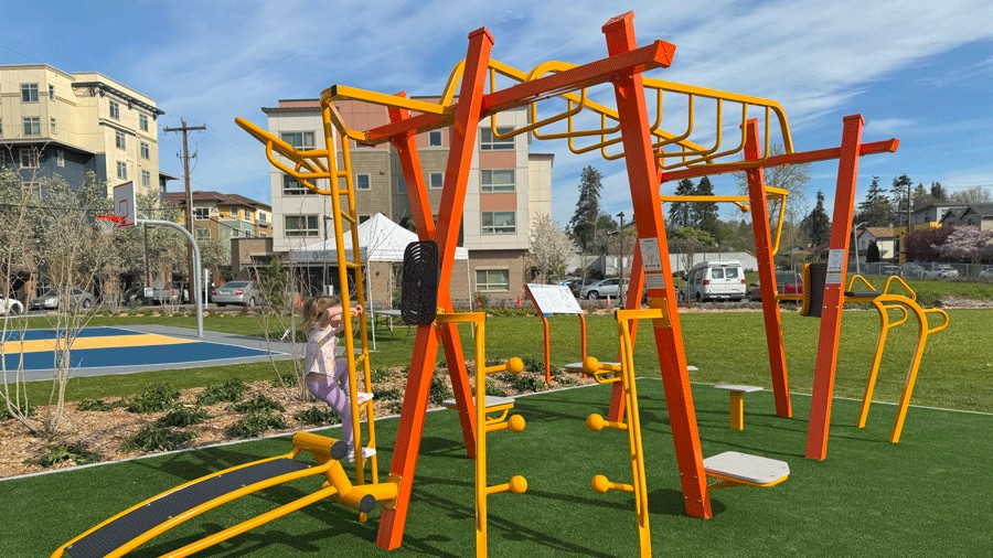 young girl climbing ladder to monkey bars at Cheryl Chow Park in Seattle, a park with an outdoor gym and fitness equipment for adults