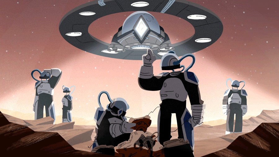 Still image from "Is Anybody Out There" movie with robots and a spaceship