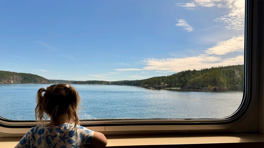 girl looking out at the water on a sunny day trip to san juan islands