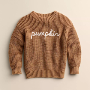 brown sweater with the word pumpkin embroidered on the front