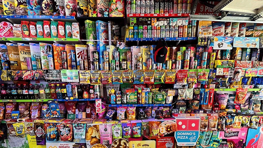 floor to ceiling display of vintage and unique snacks at the Snackin Shack in Everett
