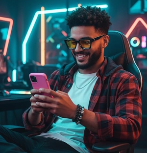 man looking at a phone with yellow gamer glasses on