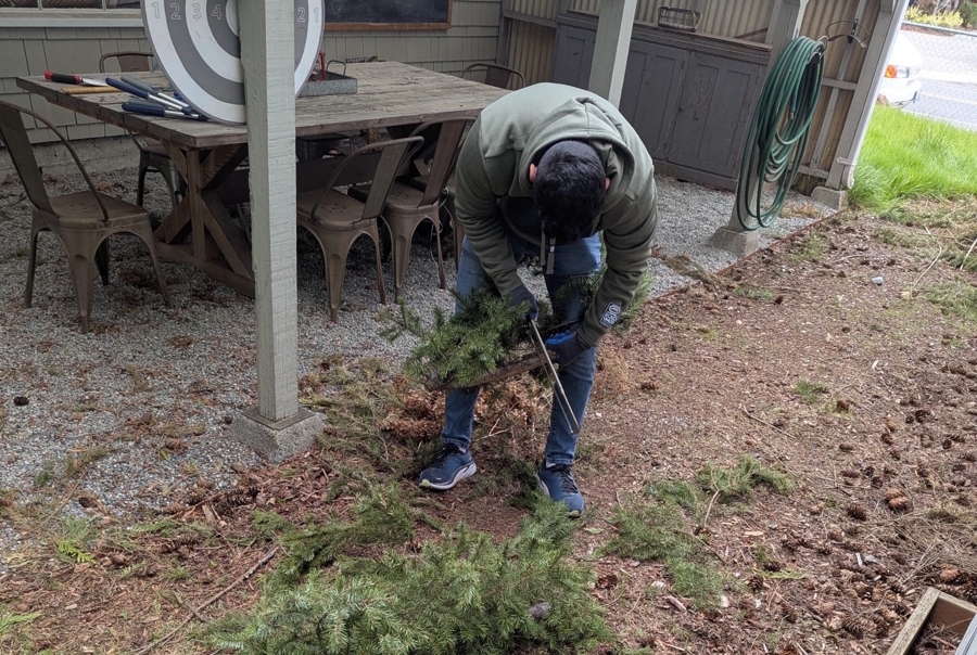 volunteer cleaning up a lawn with HelpCity