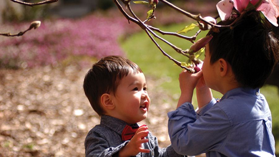 kids with magnolia blossoms