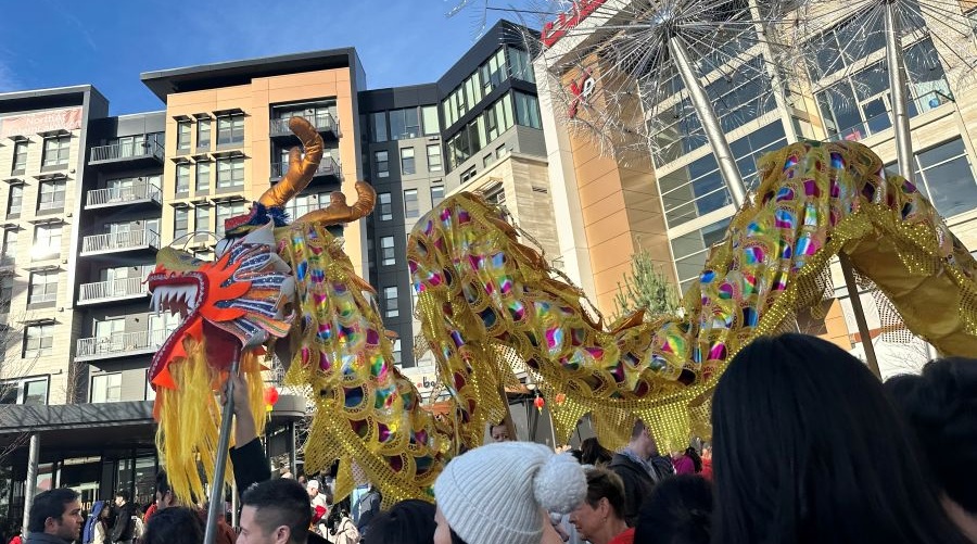 Participants parade around during a dragon dance for Lunar New Year.