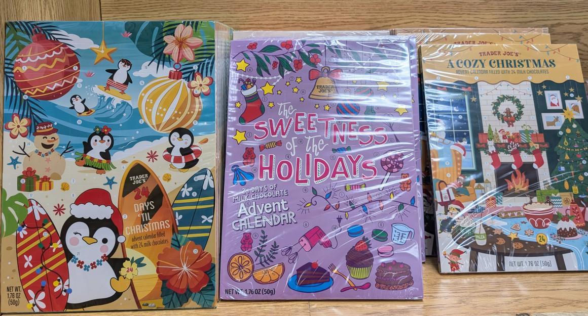 milk chocolate advent calendars at Trader Joes
