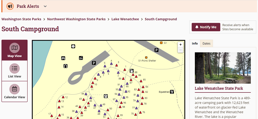 Screen shot of Washington State Parks campsite reservation system showing notify me button to receive campsite availability alerts