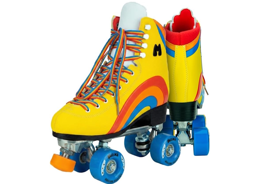 yellow roller skates with blue wheels and rainbows