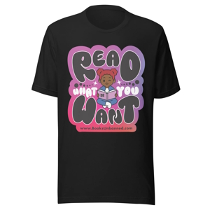 Read What You Want logo on a black tshirt