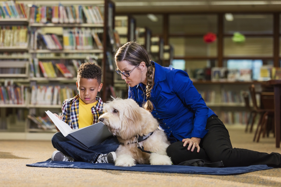 Boy reading to a dog at a library
