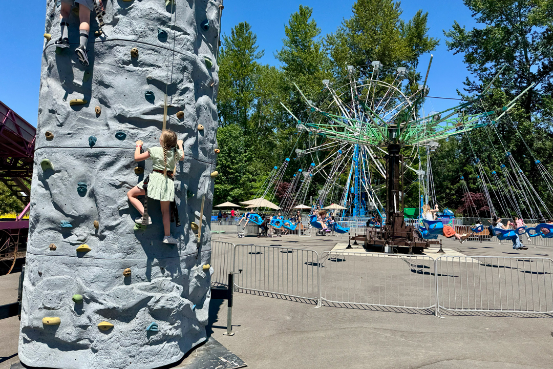 young kids climbing with ferris wheel in the background