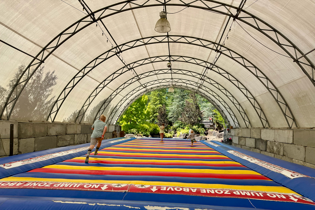 kids running across the jump pad at remlinger farms fun park