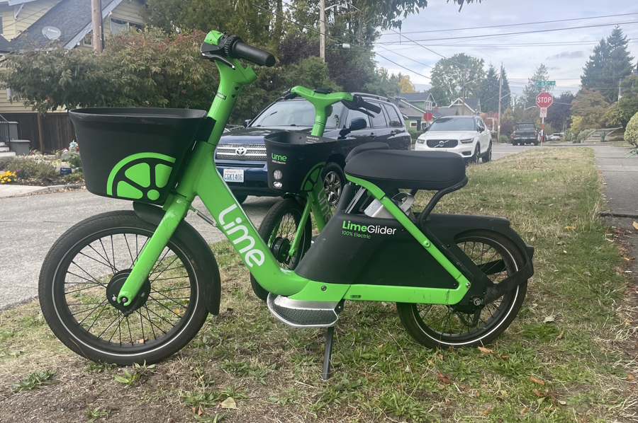 rental ebike on the sidwalk in a Seattle neighborhood