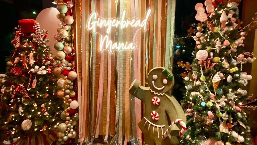 life-size gingerbread decorations at Frosty Barrel, a seattle-area restaurant that goes all out with holiday decor