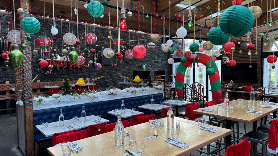 wooden city restaurant decorations with hanging paper lanterns during the holiday season