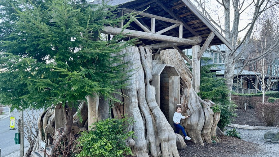child walking through the Old Stump at Seabrook near the Gnome Trail