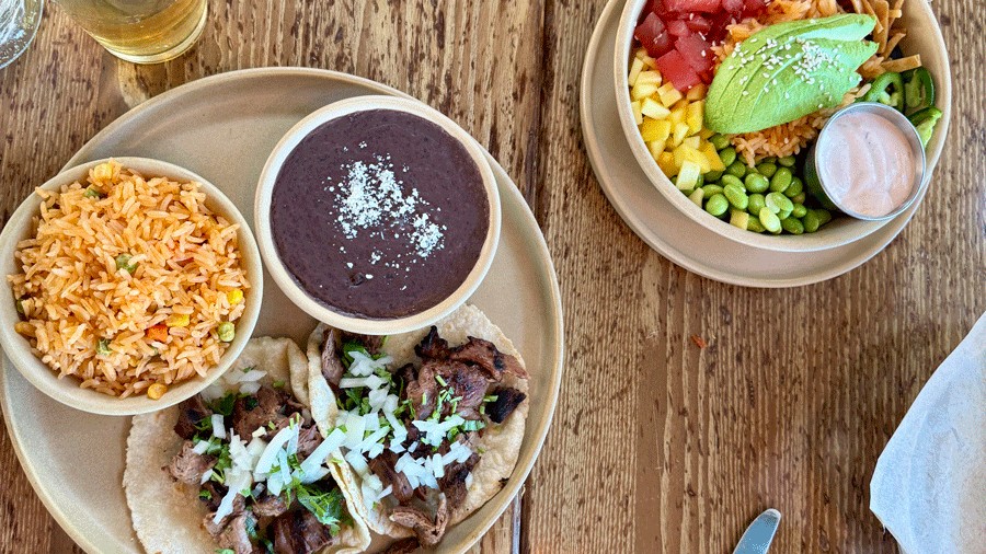 tacos and poke bowl from Koko's, a family-friendly Seabrook restaurant