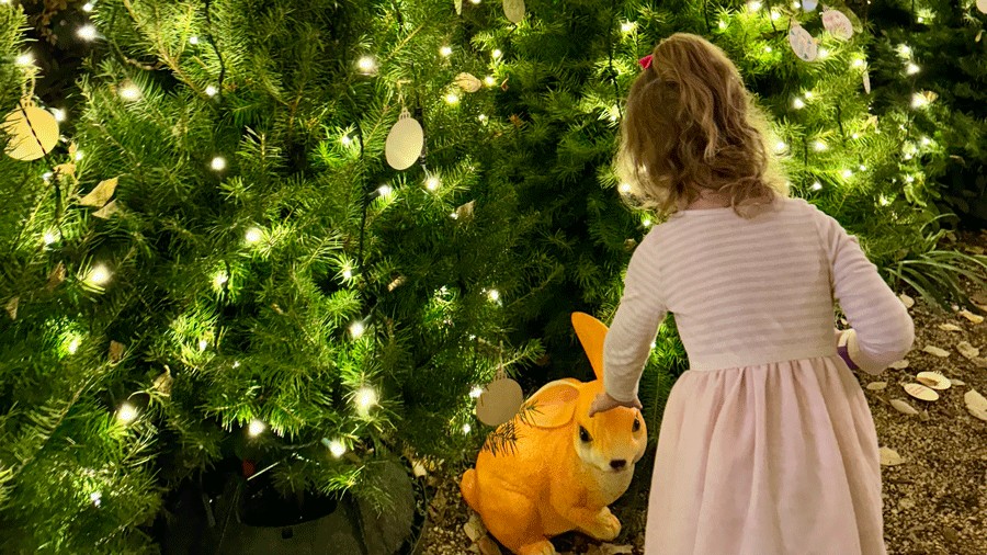 child at the Seattle Christmas Market looking at a bunny decoration in the Wishing Tree forest