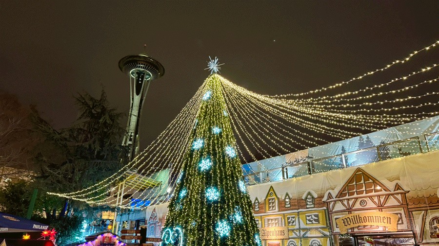Seattle Christmas Market Alpen Haus and Space Needle
