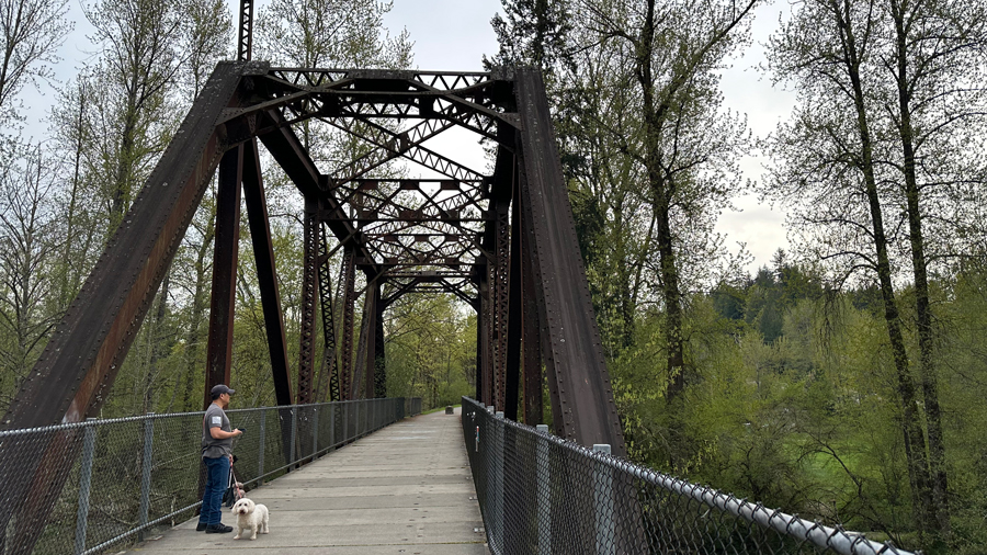 Man walking with dog across the Cedar River Trail bridge in Maple Valley