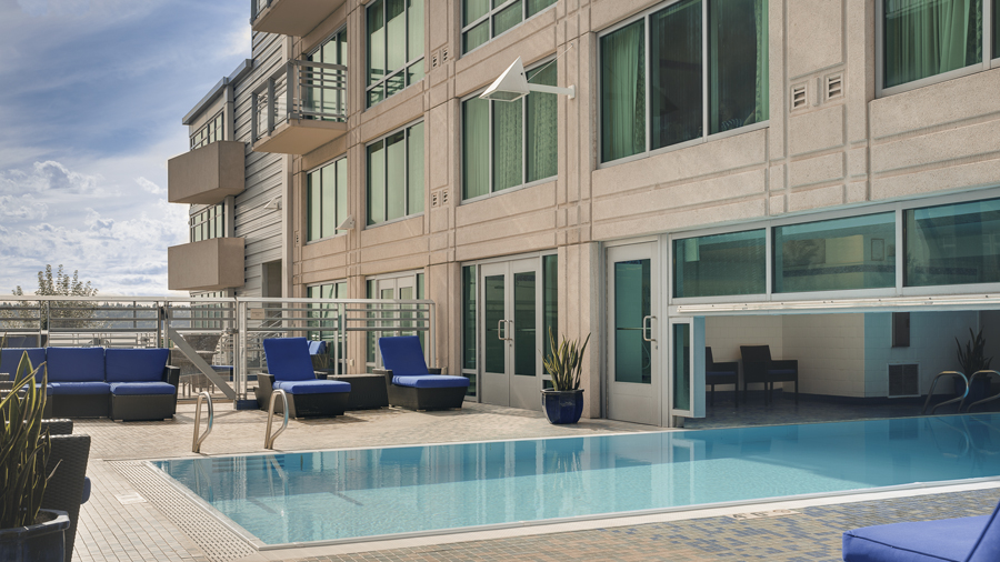 view of the poolside at seattle marriott waterfront